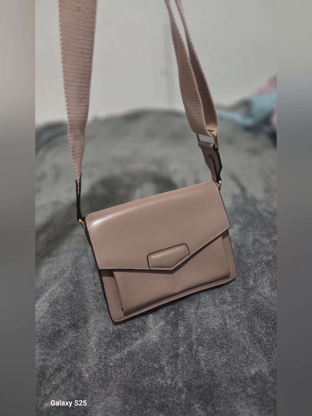 Classic Taupe Crossbody Bag with Wide Strap